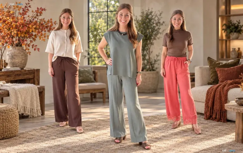 Three denim-free autumn outfits: drawstring trousers, a sage-tone pantsuit and coral lace-hem pants