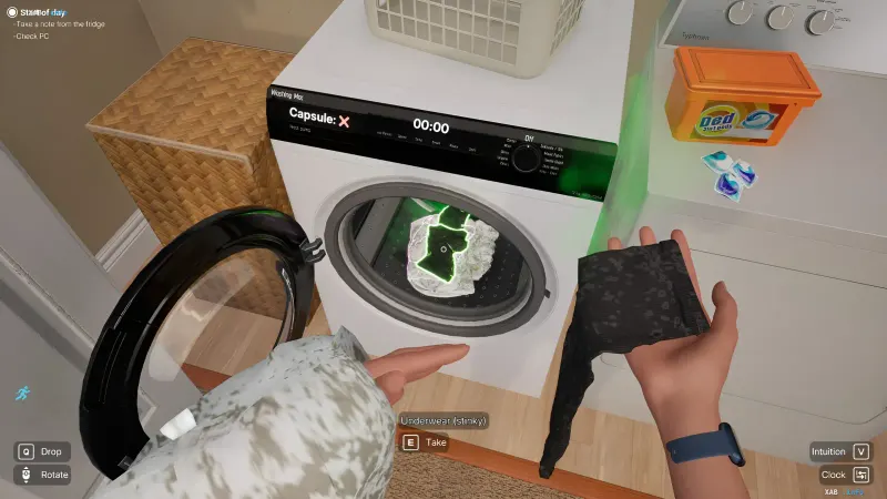 Gameplay-Schnittstelle von Woman Simulator auf Steam mit Haushaltsaufgaben