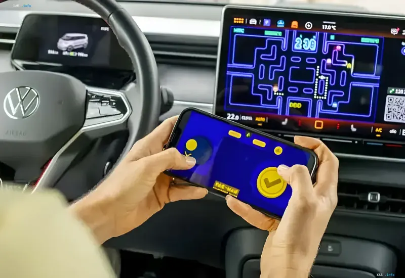 Volkswagen-Autofahrgastraum mit Infotainmentsystem und AirConsole-Gaming-Funktionen
