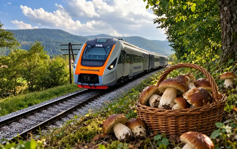Evakuierungszug-Passagiere beim Pilzesammeln