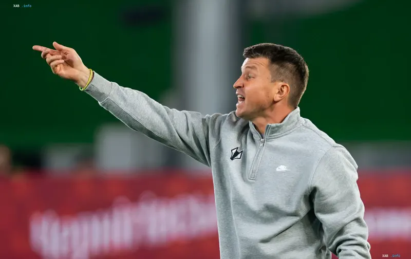 Head coach of FC Polissya Ruslan Rotan at a press conference