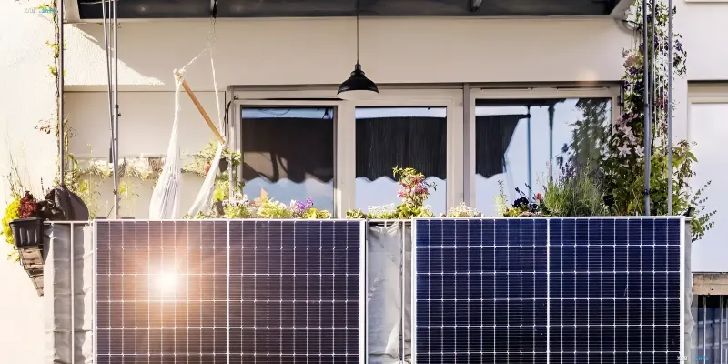 Solarmodule auf einem Balkon eines Mehrfamilienhauses in Kalifornien