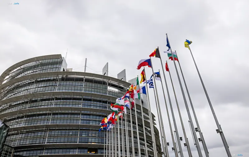 Flags of the European Union and Canada during an official meeting