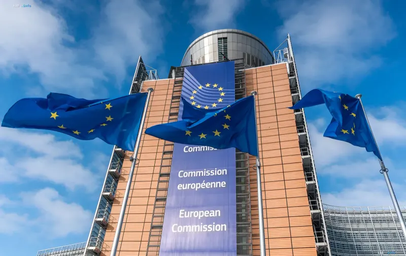 European Union flags in front of EU institutional buildings