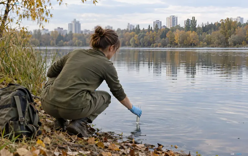 Вчені проводять наукове дослідження та відбір проб води на водоймі в Києві