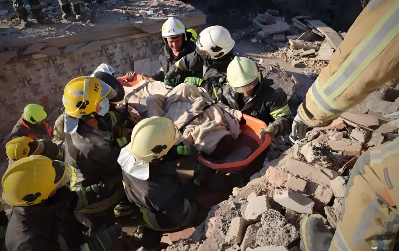 Rescue operations at the site of a destroyed building in Pryluky