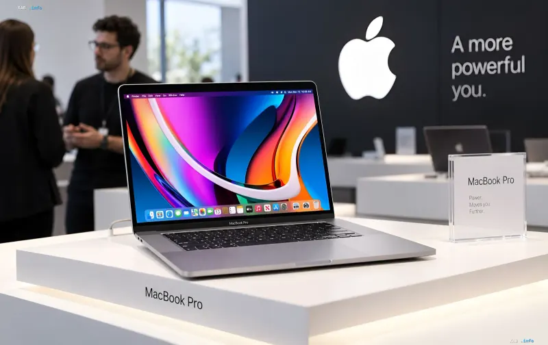 Новый ноутбук MacBook Pro с цветным ярким дисплеем на презентации Apple в современном выставочном зале