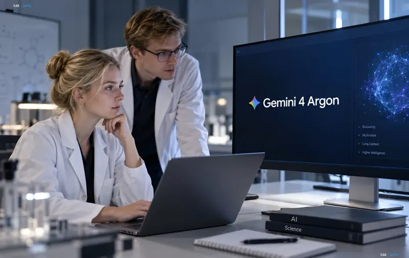 Two scientists in a laboratory examining the new Gemini 4 Argon artificial intelligence model on a computer monitor
