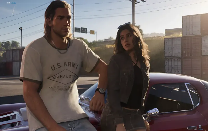 Главные герои игры GTA 6 Джейсон и Люсия стоят рядом с красным спортивным автомобилем во время игрового процесса