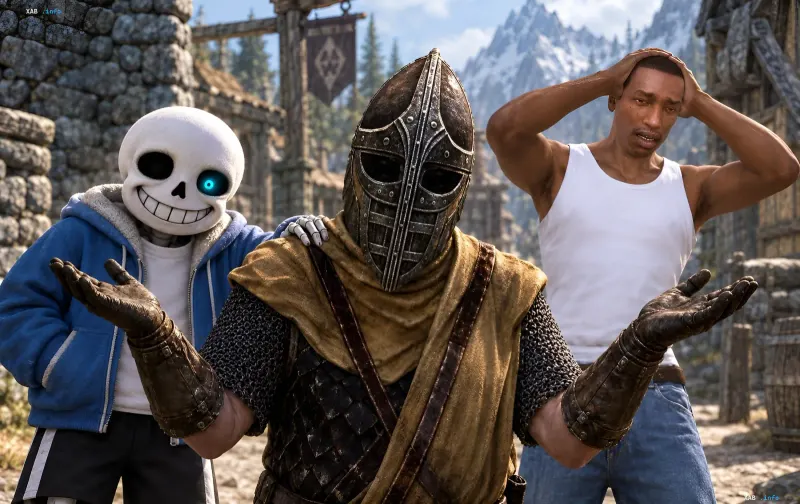 Персонажи из разных видеоигр, включая Санса из Undertale, имперского стражника из Skyrim и Карла Джонсона из GTA, стоят в деревне