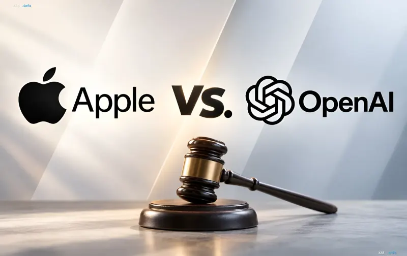 Судебный молоток на столе на фоне надписей Apple против OpenAI
