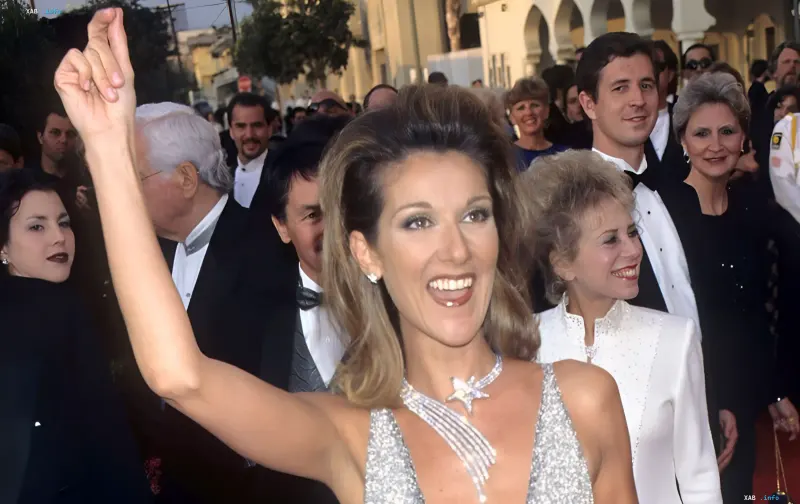 Canadian singer Celine Dion in a glamorous silver dress with a deep neckline and jewelry on the red carpet