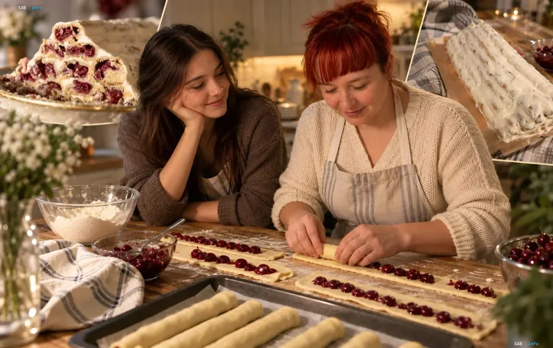 Hausgemachter Smerekova Hata Kuchen mit Kirschen und Schmandcreme geschnitten