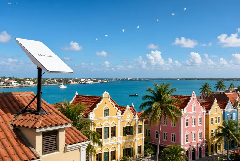 Starlink-Satellitenschüssel vor der karibischen Landschaft von Curaçao
