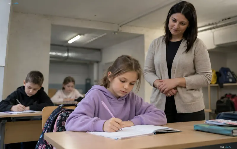 Students at a desk under teacher supervision during classes in a school shelter