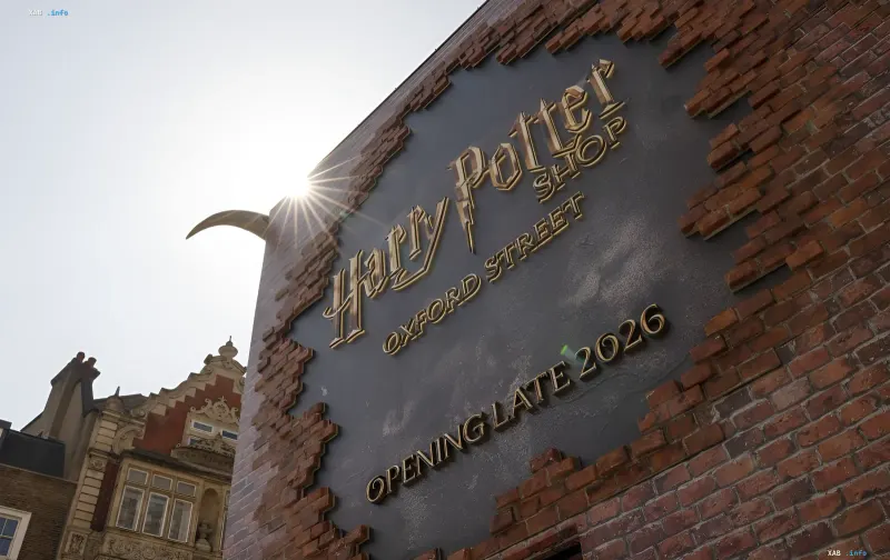 Signage of the official Harry Potter shop on Oxford Street in London indicating a late 2026 opening date