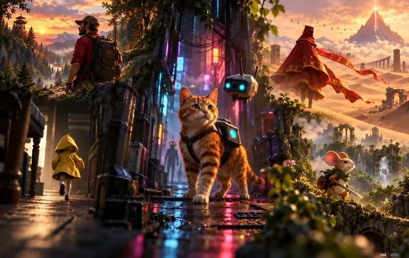 Колаж з атмосферних комп'ютерних ігор, включаючи персонажів Stray, Journey, Little Nightmares та Moss