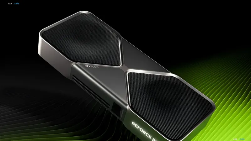 Флагманская видеокарта NVIDIA GeForce RTX 5090 с черным массивным корпусом на фоне зеленого абстрактного свечения