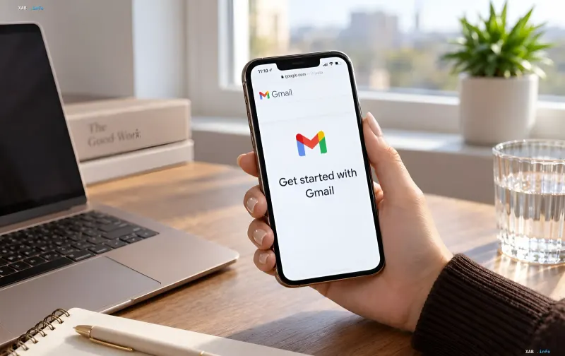 Smartphone in a user's hand displaying the Gmail app on screen against a laptop background