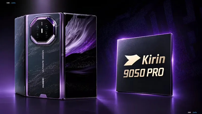 Смартфон Huawei Ultimate Design поруч із процесором Kirin 9050 Pro на фіолетовому фоні