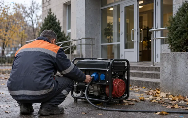 A utility worker connects a cable to a gasoline generator on the street near a building in Lutsk