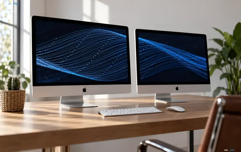Два комп'ютери Apple Mac Studio з клавіатурою та мишею на дерев'яному столі в офісі