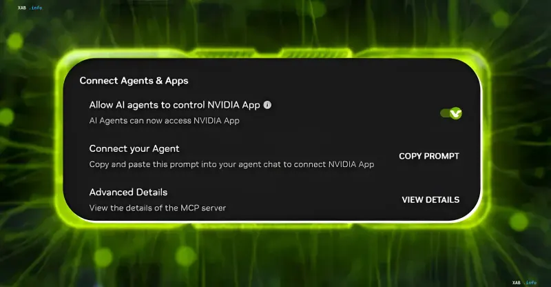 Интерфейс настроек Nvidia App с включенным переключателем подключения ИИ-агентов