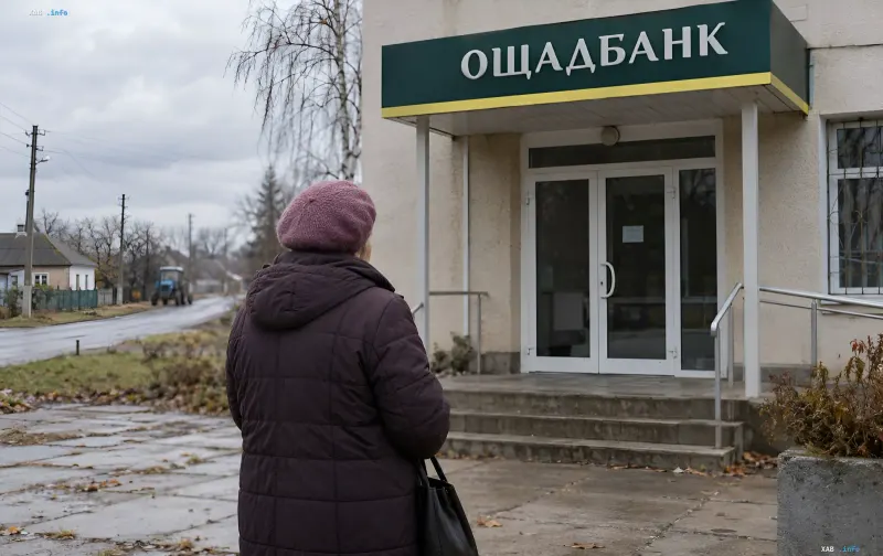 Ältere Frau in Winterjacke steht vor einer geschlossenen Oschadbank-Filiale in einem ukrainischen Dorf