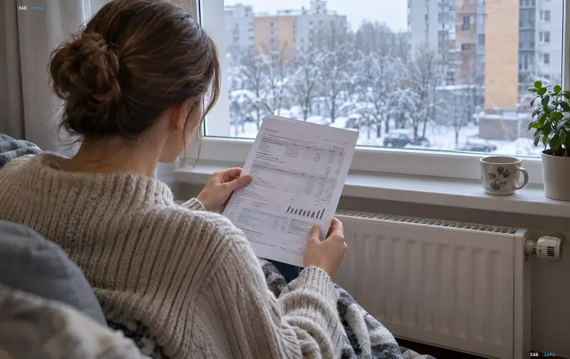 Женщина в свитере сидит дома с документами на фоне зимнего окна и батареи отопления