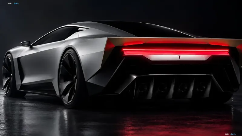 Задня частина футуристичного сріблястого суперкара Tesla Roadster з червоною світлодіодною смугою та масивним аеродинамічним дифузором