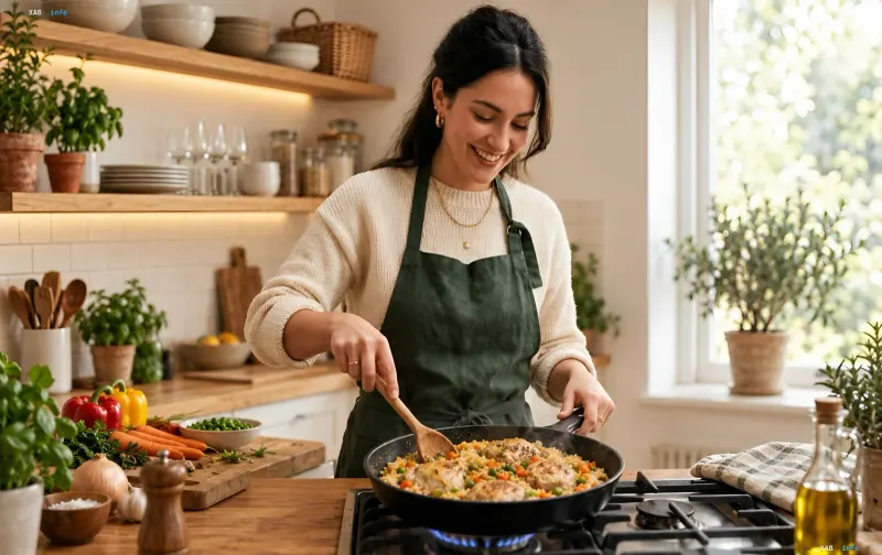 Woman in an apron smiling and cooking chicken and vegetable rice in a pan