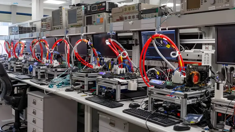 Labor mit Testständen und Kabeln in der Intel-Halbleiterfertigungsanlage in Kiryat Gat