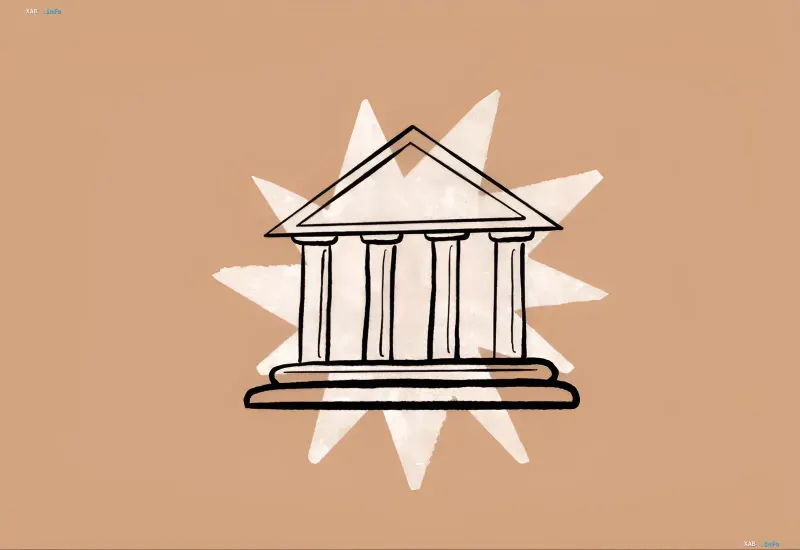 Stylized graphic illustration of a building with columns over a glowing star background.