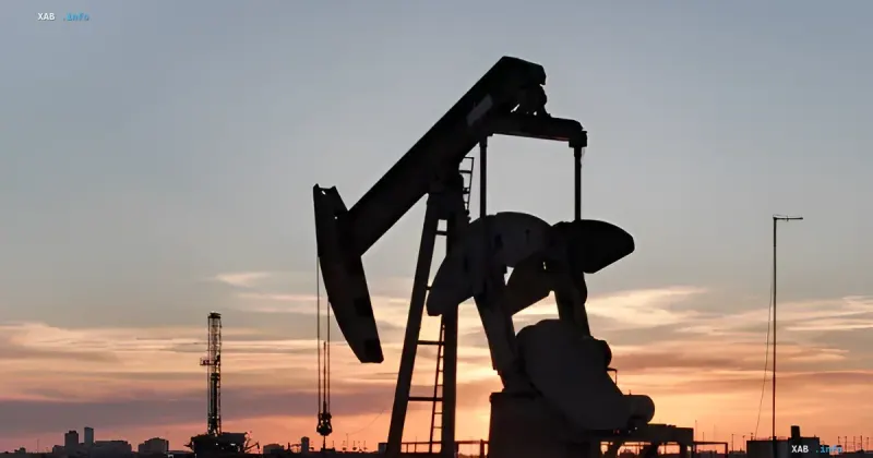 Silhouette of an oil pump jack against a sunset and drilling rig