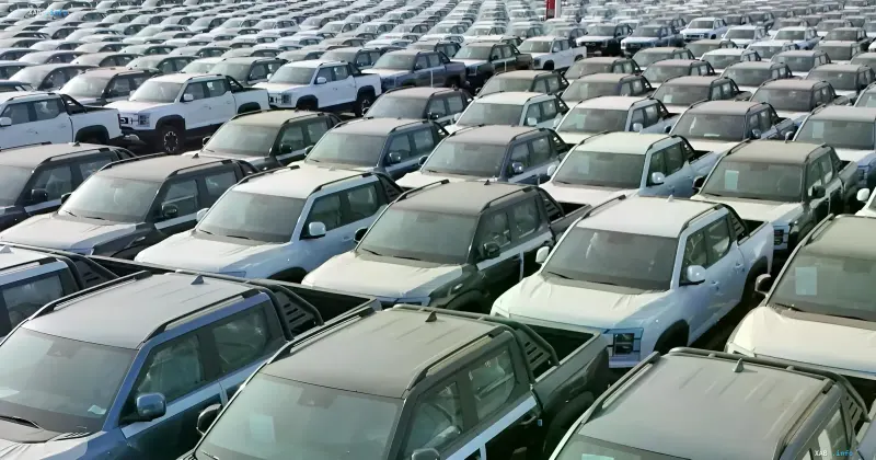 New Chinese hybrid cars and pickups parked at a lot before export to Europe