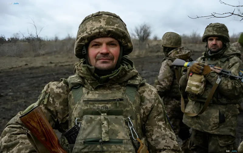Ukrainian soldiers in camouflage uniforms in the combat zone