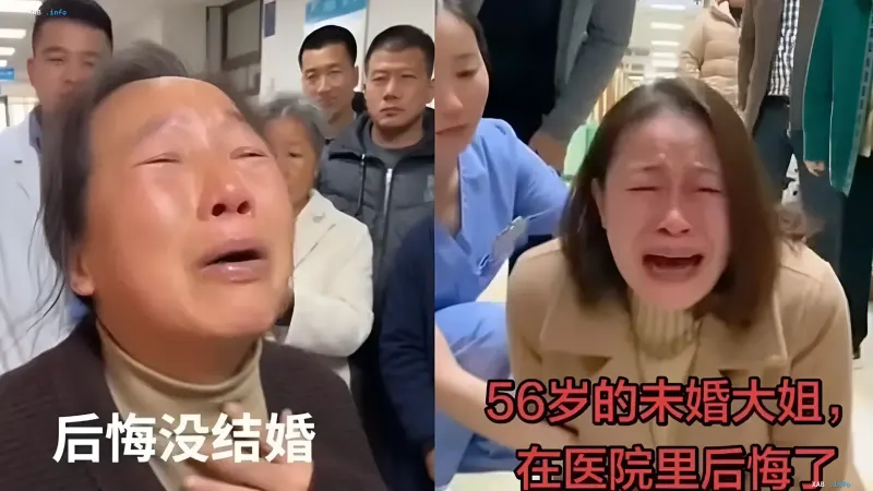 Two women crying in hospital rooms in viral AI videos about regret over being single.