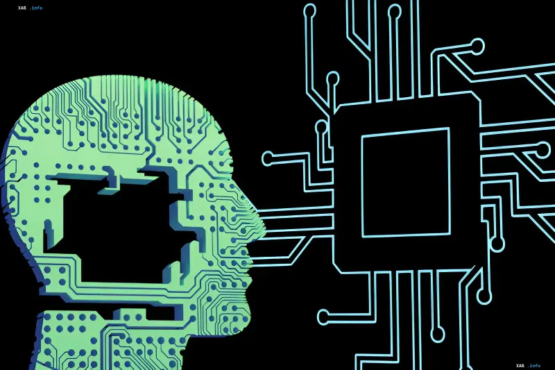 Schematische Darstellung eines menschlichen Profils mit digitalen Mikrochips und einem Prozessor vor schwarzem Hintergrund