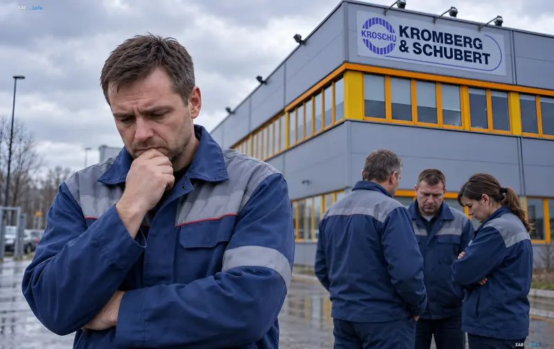Сотрудники предприятия Kromberg & Schubert в Луцке стоят на фоне заводского здания