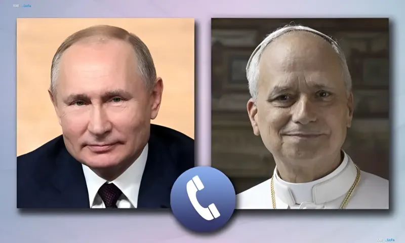 Portraits of Vladimir Putin and Pope Leo XIV with a telephone call icon between them