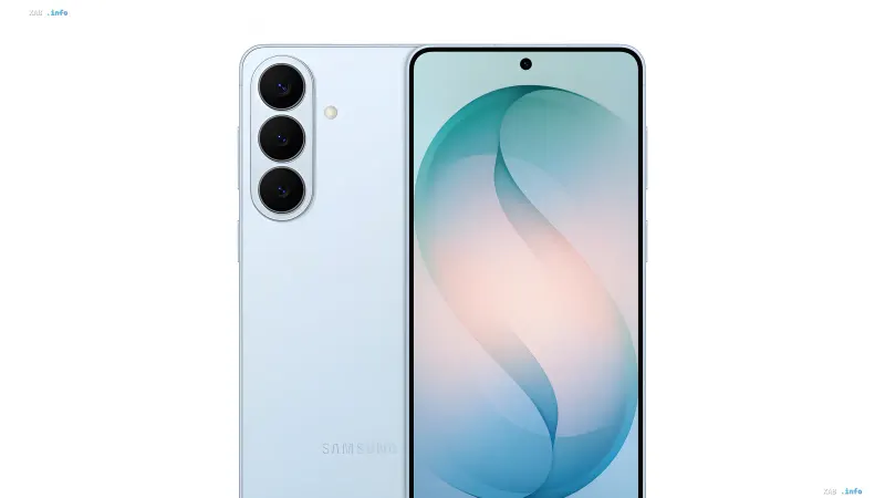 Світло-блакитний смартфон Samsung Galaxy S27 Plus із трьома камерами та увімкненим екраном зблизька