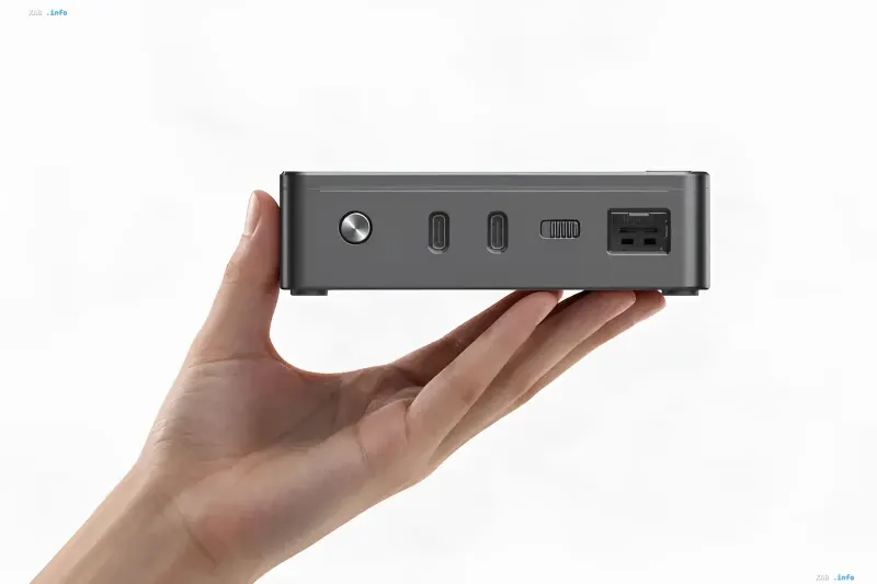 Eine Person hält einen kompakten grauen Sipeed MaixStation Mini-PC mit Frontanschlüssen auf der Handfläche
