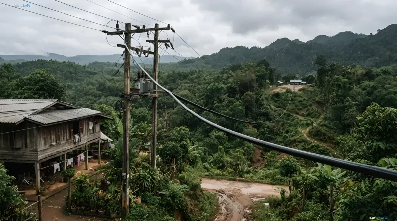 Holzhaus an einem Mast mit Glasfaserkabel in einem thailändischen Tropenwald