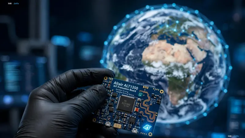 Eine Person in einem schwarzen Handschuh hält den Altair ALT1350 Chipsatz vor dem Hintergrund eines digitalen Erdmodells mit Satellitennetzwerk