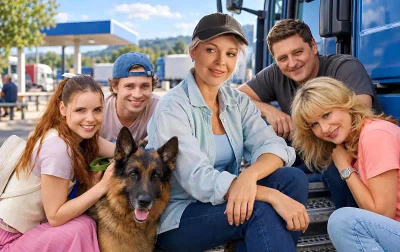 Actors of the comedy series ATP Pereviznyky posing with a German Shepherd near a truck
