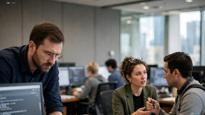 Unternehmensmitarbeiter arbeiten an Computern in einem modernen Büro mit Panoramafenstern