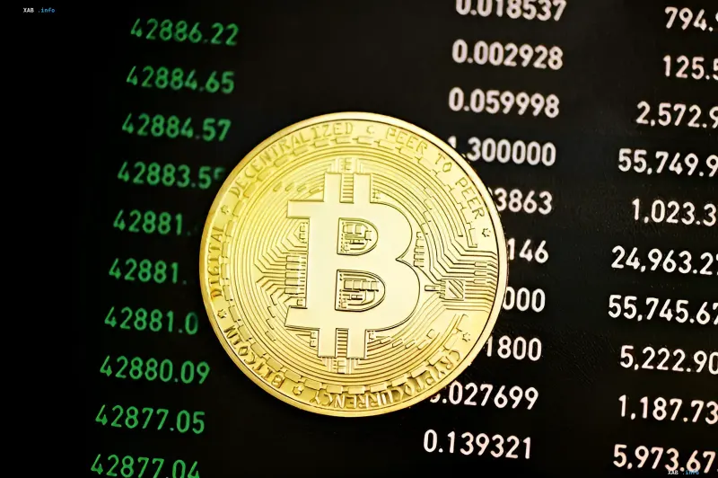 Золотая монета биткоина лежит на фоне черного экрана с зелеными графиками торгов криптовалютой