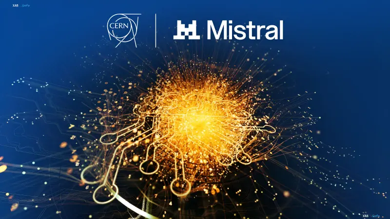 Логотипи CERN та Mistral на тлі візуалізації зіткнення часток Великого адронного колайдера