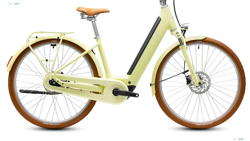 Light yellow Cube Aruba Hybrid urban electric bicycle with brown tires and saddle