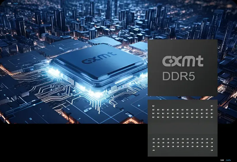 Микросхема памяти CXMT DDR5 на фоне футуристического города с процессорным чипом и контактами